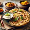 Aloo Paratha, two pieces, stuffed with spiced mashed potatoes, served on a plate with a bowl of curd, traditional Indian style, visually appealing