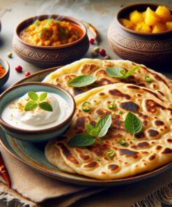 Aloo Paratha, two pieces, stuffed with spiced mashed potatoes, served on a plate with a bowl of curd, traditional Indian style, visually appealing