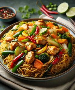 Our Chicken Hakka Noodles are a perfect blend of fresh, stir-fried noodles tossed with succulent chicken strips and crisp vegetables, seasoned with oriental spices. Prepared with fresh ingredients in a clean, sanitised kitchen, this dish offers a hygienic, flavourful journey to the streets of Asia.