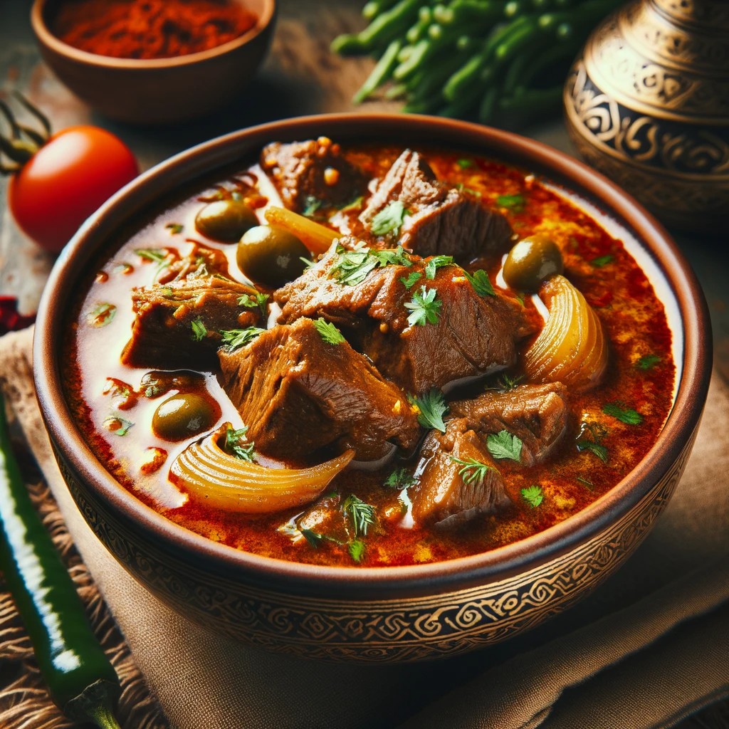 Nihari, a traditional Indian dish, featuring tender, slow-cooked meat in a rich, spicy curry, served in a bowl with minimal vegetables, focusing on th