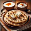 Paneer Paratha, two pieces, stuffed with spiced paneer (Indian cottage cheese), served on a plate with a bowl of curd, authentic Indian cuisine, visua