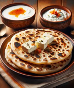 Paneer Paratha, two pieces, stuffed with spiced paneer (Indian cottage cheese), served on a plate with a bowl of curd, authentic Indian cuisine, visua