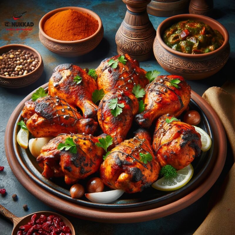 Tandoori Chicken, Indian dish of marinated chicken grilled in a tandoor, served on a plate, visually appealing